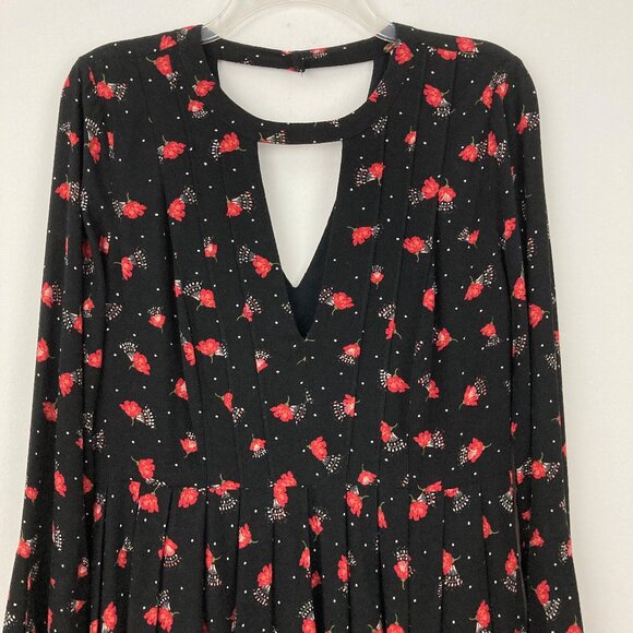 Free People Teagan Mini Dress Size 8 Black Floral Long Sleeve Keyholes Pleated - Picture 4 of 11